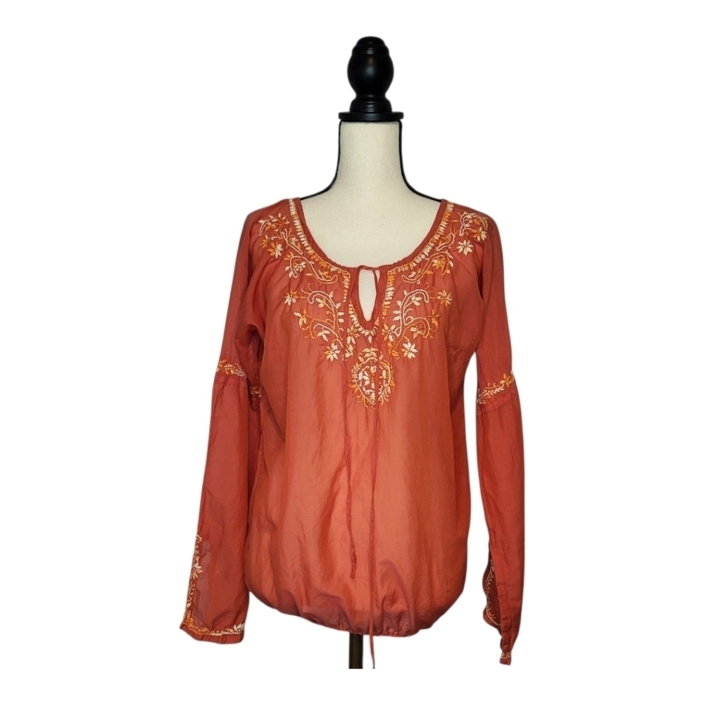 Lucky Brand Top Orange Cream Embroidered Split V Neck Ties Long Sleeve Size S